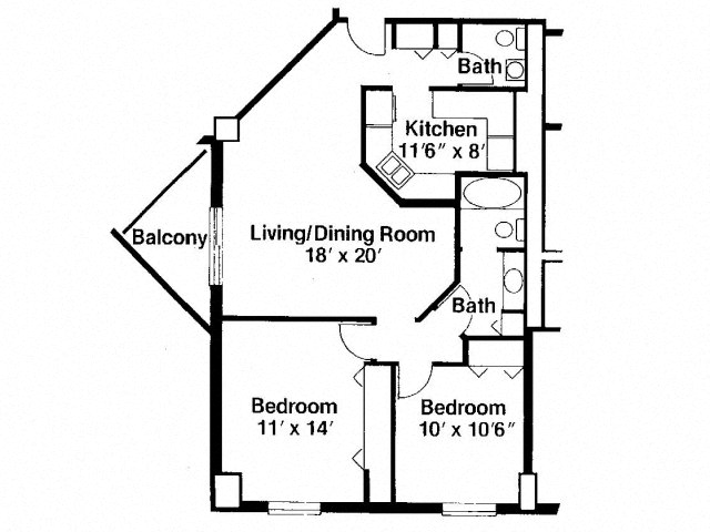 Floor plan for 2 beds, 1.5 baths, 832 sqft